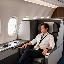 Caribbean Holidays, Trinidad Business Class, Business class passenger relaxing in a comfortable premium airline seat before a flight to Trinidad, elegant cabin, natural light