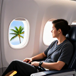 Caribbean Holidays, Trinidad Business Class, Business class passenger relaxing in a spacious aircraft seat on a modern flight to Trinidad, with tropical Caribbean light through the window