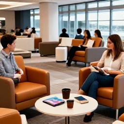 Caribbean Holidays, Trinidad Business Class, Business class passengers relaxing in a comfortable modern airport lounge before a flight to Trinidad, with warm Caribbean colours and travel documents