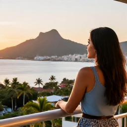 Caribbean Holidays, Trinidad Business Class, Business class traveller looking out over Port of Spain and Trinidad's lush mountains from a hotel balcony at sunset