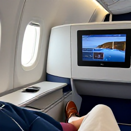 Caribbean Holidays, Trinidad Business Class, Business class traveller relaxing in a comfortable aircraft cabin on a flight to Trinidad, warm natural light and modern travel details