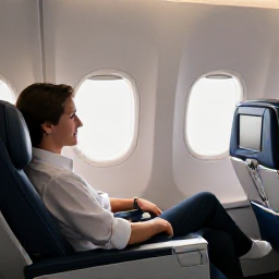 Caribbean Holidays, Trinidad Business Class, Business class traveller relaxing in a comfortable aircraft seat, warm Caribbean light, elegant travel atmosphere