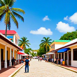 Caribbean Holidays, Trinidad Business Class, Bustling Port of Spain street with colourful buildings, palm trees and local shops in bright May sunshine