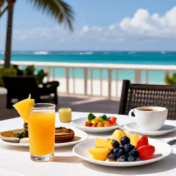 Caribbean Holidays, Trinidad Business Class, Caribbean breakfast with tropical fruit, local Trinidadian dishes and coffee on a hotel terrace overlooking the sea