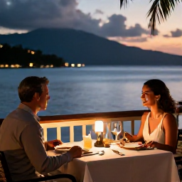 Caribbean Holidays, Trinidad Business Class, Couple enjoying a refined Caribbean dinner at a waterfront restaurant in Trinidad, warm evening light, elegant but relaxed setting
