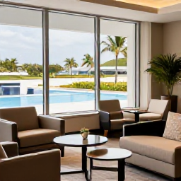 Caribbean Holidays, Trinidad Business Class, Elegant airport lounge with comfortable seating, refreshments and large windows overlooking a tropical Caribbean airport