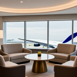 Caribbean Holidays, Trinidad Business Class, Elegant airport lounge with comfortable seating, refreshments and large windows overlooking aircraft before a flight to Trinidad