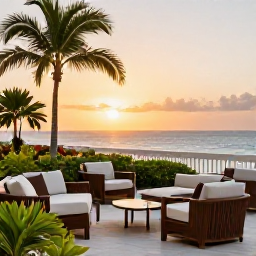 Caribbean Holidays, Trinidad Business Class, Elegant Caribbean hotel terrace at sunset in Trinidad and Tobago, with comfortable seating, tropical plants and a view towards the sea