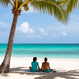 Caribbean Holidays, Trinidad Business Class, Golden beach on Tobago in August, turquoise sea, palm trees and a relaxed couple enjoying the coastline