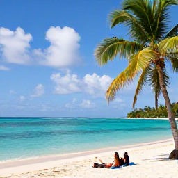 Caribbean Holidays, Trinidad Business Class, Peaceful Tobago beach with clear turquoise water, palm trees and a couple relaxing near the shoreline