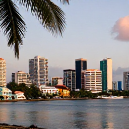 Caribbean Holidays, Trinidad Business Class, Port of Spain waterfront and city skyline in September, palm trees, colourful buildings and warm Caribbean evening light