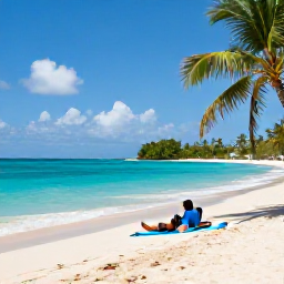 Caribbean Holidays, Trinidad Business Class, Quiet tropical beach in Tobago with clear turquoise water, soft sand, palm trees and a couple relaxing in May sunshine