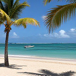 Caribbean Holidays, Trinidad Business Class, Relaxed beachfront scene in Tobago in April, turquoise sea, soft sand, palm trees and a small boat offshore