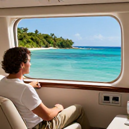 Caribbean Holidays, Trinidad Business Class, Relaxed traveller enjoying a scenic Trinidad and Tobago holiday with turquoise sea, green coastline and comfortable resort surroundings