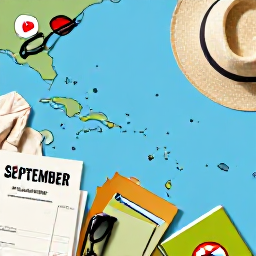 Caribbean Holidays, Trinidad Business Class, September holiday planning scene with tropical Caribbean map, Trinidad and Tobago guidebook, light clothing and travel documents