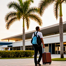 Caribbean Holidays, Trinidad Business Class, Traveller arriving at Piarco International Airport in Trinidad, greeted by warm tropical light and palm trees near the terminal