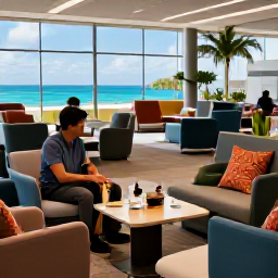 Caribbean Holidays, Trinidad Business Class, Traveller enjoying a quiet airport lounge before a Caribbean holiday, comfortable seating, refreshments and tropical travel atmosphere