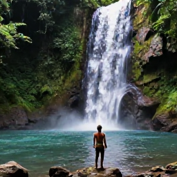 Caribbean Holidays, Trinidad Business Class, Traveller exploring lush rainforest and a waterfall in Trinidad, tropical greenery, clear pool, guided nature excursion