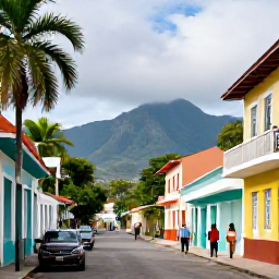 Caribbean Holidays, Trinidad Business Class, Vibrant Port of Spain street scene in August, with colourful buildings, tropical greenery, local people and a glimpse of the Northern Range