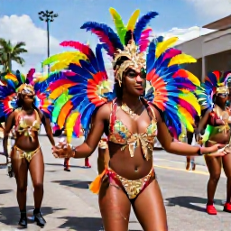 Caribbean Holidays, Trinidad Carnival, Colourful Trinidad Carnival masqueraders in elaborate feathered costumes dancing through Port of Spain in bright February sunshine