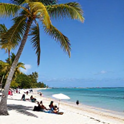Caribbean Holidays, Trinidad Carnival, Relaxed Caribbean beach in Tobago with clear turquoise water, palm trees and visitors enjoying a calm February afternoon