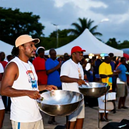 Caribbean Holidays, Trinidad Carnival, Trinidad steelpan musicians performing outdoors at a lively Carnival rehearsal, with local spectators and tropical evening light
