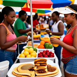 Caribbean Holidays, Trinidad Carnival, Visitors enjoying Trinidad street food at a colourful local market during Carnival, with doubles, roti and tropical fruit on display