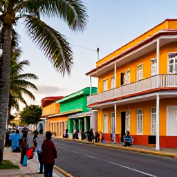 Caribbean Holidays, Trinidad City Breaks, Bustling Port of Spain street scene in October, with colourful buildings, palm trees, local shoppers and warm Caribbean light