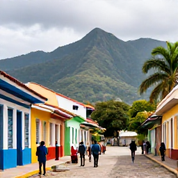 Caribbean Holidays, Trinidad City Breaks, Bustling Port of Spain street with colourful buildings, local people, palm trees and the Northern Range mountains in the background