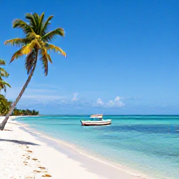 Caribbean Holidays, Trinidad City Breaks, Calm tropical beach near Trinidad with clear water, coconut palms and a small boat offshore