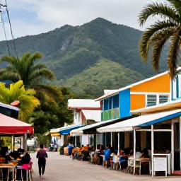 Caribbean Holidays, Trinidad City Breaks, Colourful Port of Spain street scene in May, with tropical greenery, lively caf&eacute;s and the Northern Range in the distance