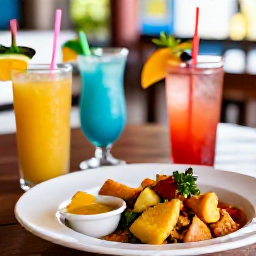Caribbean Holidays, Trinidad City Breaks, Colourful Trinidadian dishes and tropical drinks served at a relaxed open-air restaurant in Port of Spain