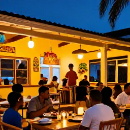 Caribbean Holidays, Trinidad City Breaks, Evening scene in Port of Spain with warm restaurant lights, live music, colourful Caribbean d&eacute;cor and people enjoying dinner