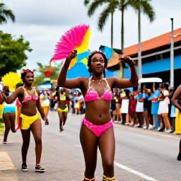 Caribbean Holidays, Trinidad City Breaks, Festive Trinidad Carnival performers in bright costumes dancing through Port of Spain streets with spectators