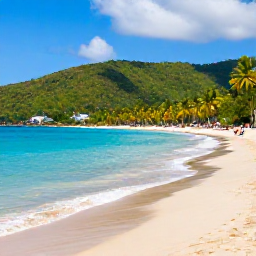 Caribbean Holidays, Trinidad City Breaks, Golden Maracas Bay beach in Trinidad with turquoise water, green hills, coconut palms and a few relaxed visitors