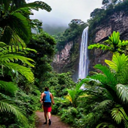 Caribbean Holidays, Trinidad City Breaks, Hikers exploring a lush Trinidad rainforest trail near Port of Spain, with waterfalls, tropical plants and misty hills