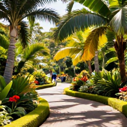 Caribbean Holidays, Trinidad City Breaks, Lush tropical Botanical Gardens in Port of Spain with winding paths, palms, colourful flowers and visitors enjoying the shade