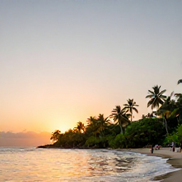 Caribbean Holidays, Trinidad City Breaks, Trinidad coastline near Port of Spain at sunset, with calm water, tropical vegetation and visitors enjoying the beach