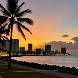 Caribbean Holidays, Trinidad City Breaks, Warm sunset over Port of Spain, Trinidad, with city lights, palm trees and a welcoming Caribbean evening atmosphere