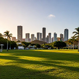 Caribbean Holidays, Trinidad City Breaks, Wide green Queen's Park Savannah with palm trees, tropical hills and Port of Spain skyline in warm late-afternoon light