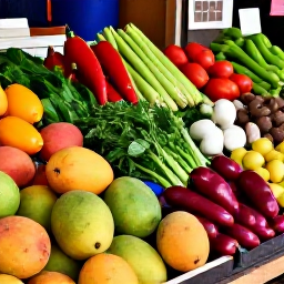 Caribbean Holidays, Trinidad Cooking Holidays, A colourful Trinidad market stall displaying fresh mangoes, peppers, herbs, spices, vegetables and local ingredients