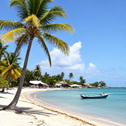 Caribbean Holidays, Trinidad Cooking Holidays, A sunny Trinidad coastline with palm trees, calm turquoise water and a small fishing village nearby