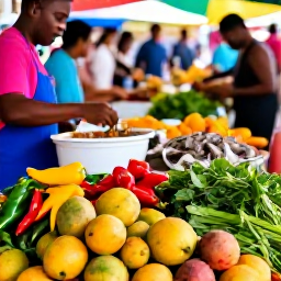 Caribbean Holidays, Trinidad Cooking Holidays, Busy Port of Spain market with colourful peppers, mangoes, herbs, seafood and local produce