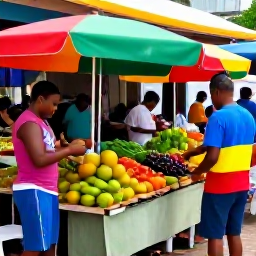 Caribbean Holidays, Trinidad Cooking Holidays, Colourful outdoor market in Port of Spain, Trinidad, with tropical fruit, vegetables, spices and local shoppers