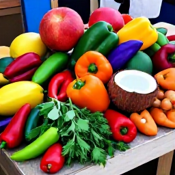 Caribbean Holidays, Trinidad Cooking Holidays, Colourful Trinidadian ingredients including peppers, herbs, coconut, fresh seafood and tropical fruit arranged on a rustic market table