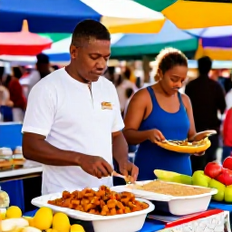 Caribbean Holidays, Trinidad Cooking Holidays, Colourful Trinidadian street food market with doubles, roti, fresh tropical fruit and welcoming local cooks