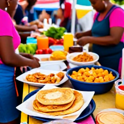 Caribbean Holidays, Trinidad Cooking Holidays, Colourful Trinidadian street food stalls at a lively February market, with doubles, roti and fresh tropical ingredients