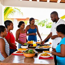 Caribbean Holidays, Trinidad Cooking Holidays, Friendly Caribbean cooking class in a bright open-air kitchen, with visitors preparing Trinidadian dishes beside a local chef