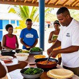 Caribbean Holidays, Trinidad Cooking Holidays, Friendly Caribbean cooking class in Trinidad, with visitors preparing curry, roti and fresh herbs beside a local chef