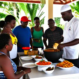 Caribbean Holidays, Trinidad Cooking Holidays, Friendly Caribbean cooking class in Trinidad with visitors preparing curry, roti and fresh vegetables alongside a local chef